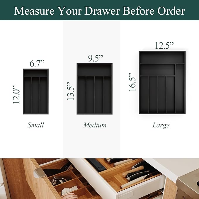 Small Silverware Organizer, Bamboo Kitchen Drawer Organizer, Utensil Holder, Cutlery Tray & Spoon Flatware Storage with Grooved Drawer Dividers (Black, 6.7''W x 12''D)