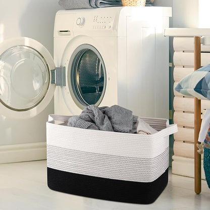 OIAHOMY Extra Large Blanket Basket, 95L Cotton Rope Woven Laundry Basket, Toy Bin for Baby Room, Container for Blanket Storage in Living Room, 24''×17''×14'', Gradient Black