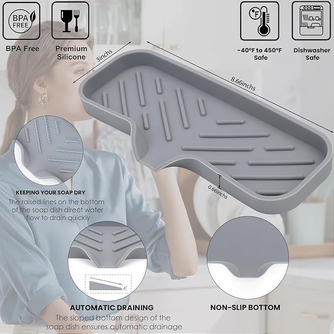 Silicone Bathroom Soap Dishes, Sponge Holder for Kitchen Sink, Shower Soap Holder with Drain, Soap Dispenser Tray, Soap Dish for Bottle, Cup, Sink or Counter Organizer - Gray 9" x 3.15"