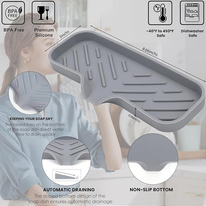 Silicone Bathroom Soap Dishes, Sponge Holder for Kitchen Sink, Shower Soap Holder with Drain, Soap Dispenser Tray, Soap Dish for Bottle, Cup, Sink or Counter Organizer - Gray 9" x 3.15"