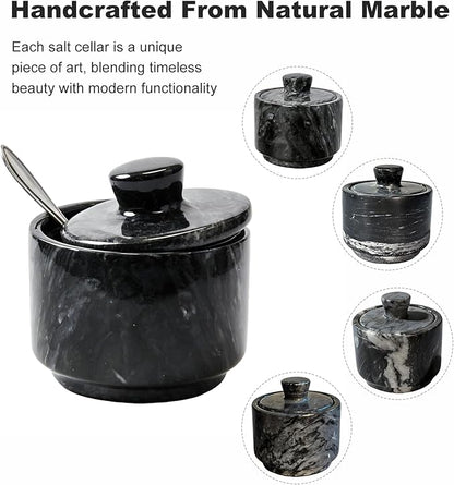 Marble Salt Cellar with Lid & Spoon, 3" Black Salt Container for Countertop, Spice Jar, Stone Storage Box for Kitchen and Bathroom