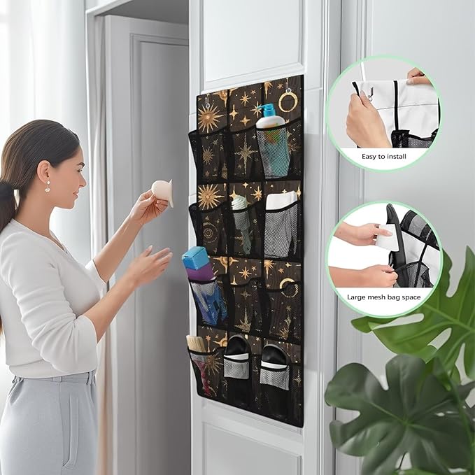 Star Moon Over the Door Shoe Organizer 12 Large Breathable Mesh Pockets Sturdy Oxford Fabric Shoe Rack for Door Bedroom Bathroom