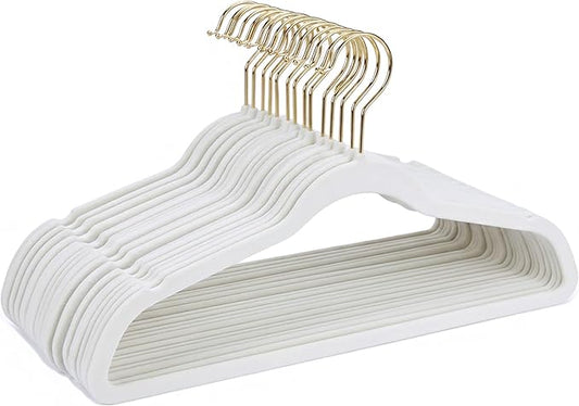 Simplify Slim Velvet Gold Hook Clothes Hangers 100 Pack | Non-Slip | Shirts | Suit | Pants | Dresses | Garments | Closet Storage & Organization | Durable | White