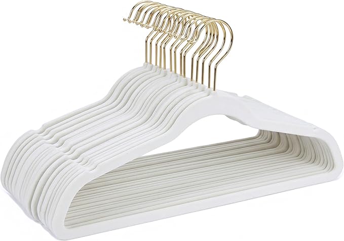 Simplify Slim Velvet Gold Hook Clothes Hangers 50 Pack | Non-Slip | Shirts | Suit | Pants | Dresses | Garments | Closet Storage & Organization | Durable | White