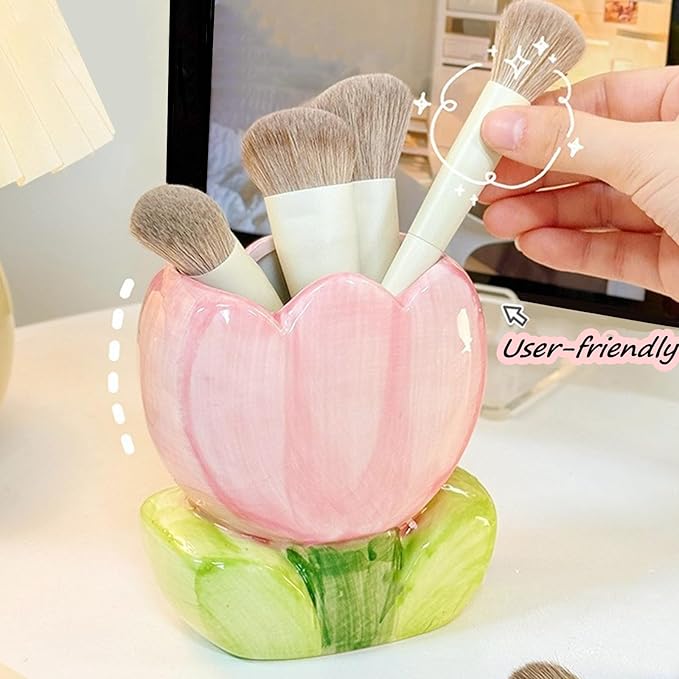 TANG SONG Ceramic Tulip Make up Brush Holder Flower Cosmetic Storage Box Pen and Pencil Holder Desktop Organizers (Pink)
