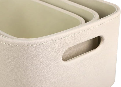 HofferRuffer Faux Leather Storage Baskets Bins with Velvet Lining for Organizing, Storage, Gifts, Set of 3 Nesting Shelf Baskets Decorative Storage Boxes for Home Organization (Cream White)