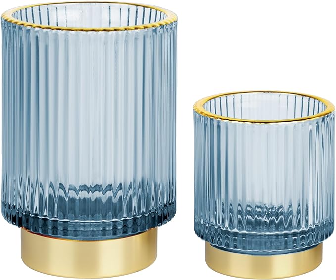Makeup Brush holder Organizer, Crystal Glass Toothbrush Holders, Striped Make Up Brush Holder for Vanity, Pen Holder for Desk, Vase -Blue (S+L)