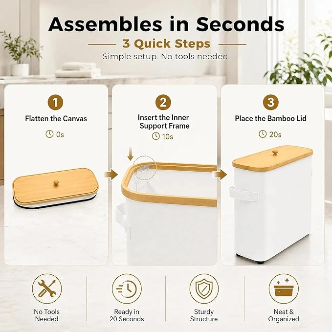 Premium Waterproof Toilet Paper Storage Box with Bamboo Lid - Fits 9 Mega Rolls, 900D Heavy-Duty Fabric Bathroom Organizer Bin with Elevated Base & Handles for Narrow Spaces (17.3"x 6.9"x 15.5")