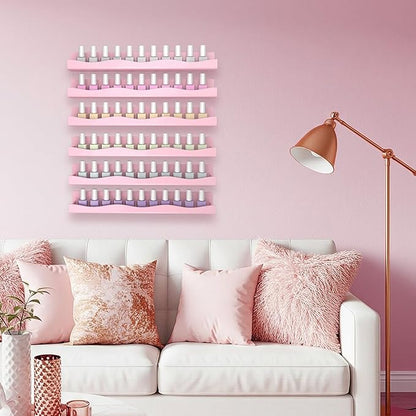 6 Pack Nail Polish Wall Mounted Shelf,15 Inch Nail Polish Floating Shelves for 66-90 Bottles Multi-Purpose,Ideal Gift, Great Display for Salons Retailers,Pink