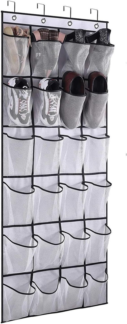 Shoe Rack for Closet Front Door Entrance Entryway Cabinet Hanging Organizer,Shoe Organizers Over The Door Bedroom Bathroom Space Saving Portable Clear 28 Pocket Mesh Breathable Hanger(White)