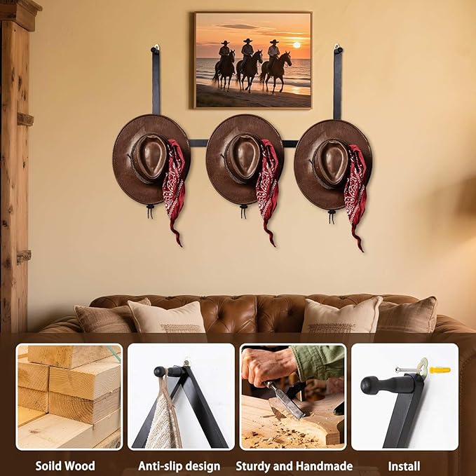 Qiannhee 2 Pack Wooden Hat Rack,Wall Mounted Expandable Cap Organizer with 5 Hooks,Solid Wood Hat Holder for Baseball Caps, Flexible Hanger for Entryway Bedroom Garage Decor (Black)