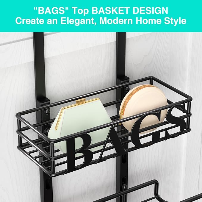 HapiRm Over Door Purse Organizer - Adjustable Purse Storage Rack with Bags Design Metal Basket, Wall Mounted Handbag Organizer, Hanging Handbag Holder, Can Use As 1/2 Part Detachable