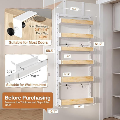 6-Tier Over The Door Pantry Organizer, Heavy-Duty Metal Wall Mount or Hanging Spice Rack, behind the door storage Shelves with Adjustable Basket, Back of Door Organizer for Kitchen Cabinet and Closet
