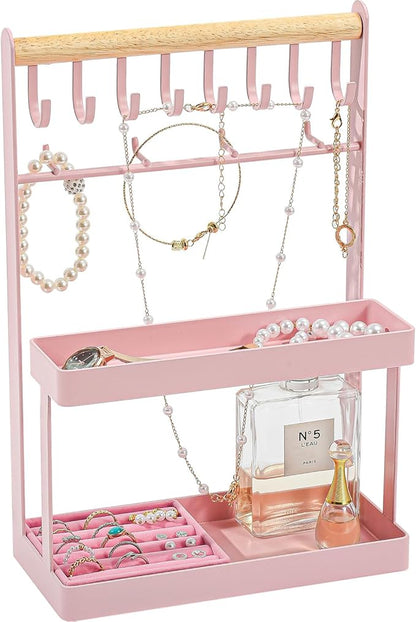 Lolalet 4-Tier Jewelry Organizer Stand with 12 Hooks, Necklace Bracelet Ring & Sunglasses Holder, Cute Metal Jewelry Storage Rack for Vanity, Dresser or Entryway, No Assembly -Pink