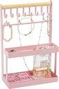 Lolalet 4-Tier Jewelry Organizer Stand with 12 Hooks, Necklace Bracelet Ring & Sunglasses Holder, Cute Metal Jewelry Storage Rack for Vanity, Dresser or Entryway, No Assembly -Pink