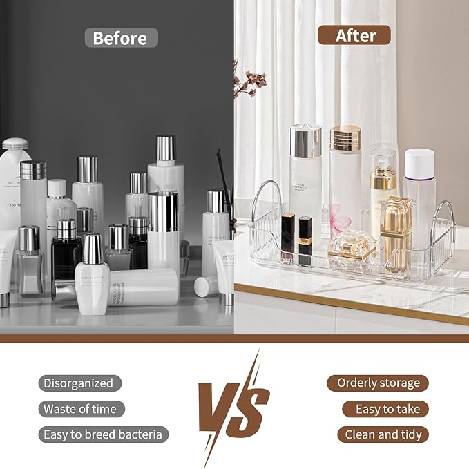 Clear Vanity Tray Organizer - 1 Tier for Bathroom Counter, Skincare & Makeup, Toiletries, Lotions, Perfumes