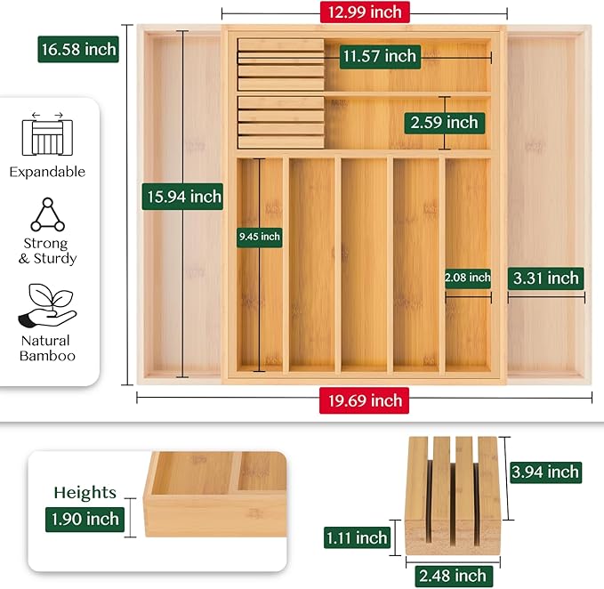 Dunruz Bamboo Expandable Drawer Organizer for Kitchen Utensils, Adjustable Silverware Tray with 9 Deep Slots for Large Spoons & Knives, Natural Wood Flatware Caddy for Cutlery Storage (Fits 13"-20")