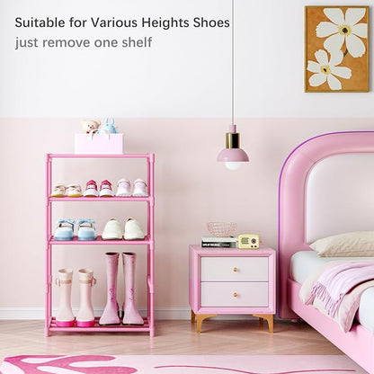 HITHIM 3-Tier Pink Shoe Racks for Women/Girls/Kids' Closet, Small Shoe Storage for 5-7 Pairs, Lightweight Stackable Shoe Shelf Organizer for Entryway, Front Door Entrance, Bedroom
