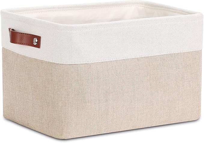 DULLEMELO Fabric Storage Basket for Shelves/Closets, Collapsible Rectangle Basket for Organizing Clothes, Towels, Books, Laundry, Nursery, Dog Basket Empty (White&Khaki)