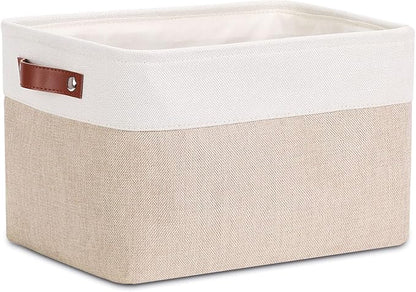 DULLEMELO Fabric Storage Basket for Shelves/Closets, Collapsible Rectangle Basket for Organizing Clothes, Towels, Books, Laundry, Nursery, Dog Basket Empty (White&Khaki)