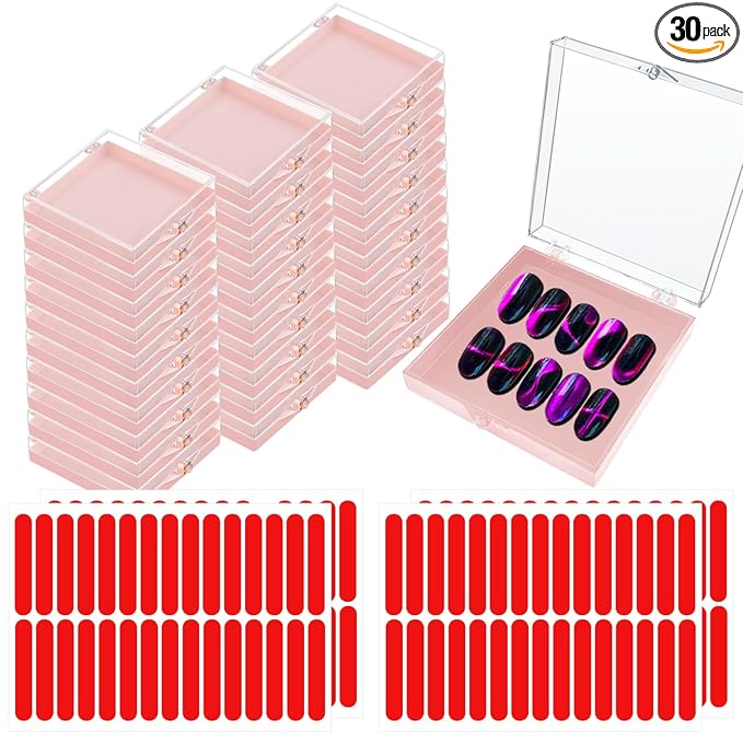 30 Sets Press on Nail Box Nail Display Case Artificial Nail Display Storage Box with 60 Pcs Adhesive Double Sided Tape Press On Nail Packaging for Nail Salon