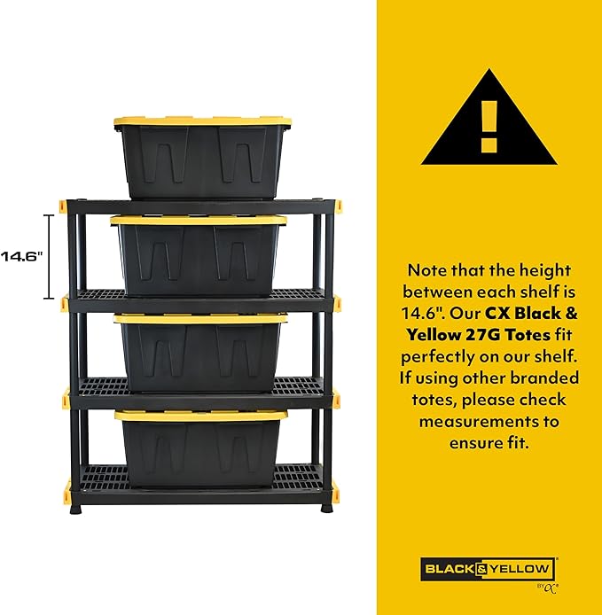 CX Black & Yellow 27-Gallon Heavy Duty Storage Bins with Lids, Stackable Plastic Storage Bins with Weather-Resistant Design, Home Organization, 4 Pack (14.3"H x 20.6"W x 30.6"D)