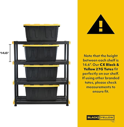 CX Black & Yellow 27-Gallon Heavy Duty Storage Bins with Lids, Stackable Plastic Storage Bins with Weather-Resistant Design, Home Organization, 4 Pack (14.3"H x 20.6"W x 30.6"D)