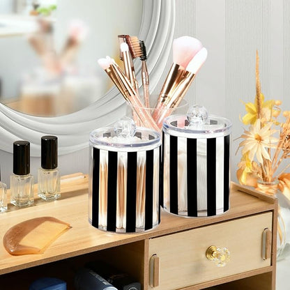 4 Pack Qtip Dispenser Apothecary Jars Bathroom Organizer, White and Black Striped Qtip Holder Storage Canister Plastic Acrylic Jar for Cotton Ball/Swab/Rounds