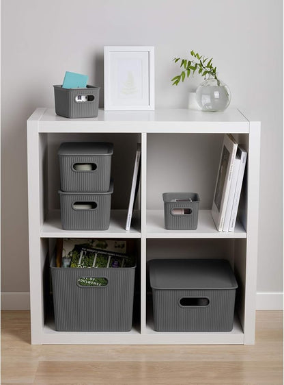 Decorative Plastic Basket Lidded Home Storage Bins Organizer Baskets, X-Large Grey (1 Pack - 22 Liter) Stackable Container Box, for Organizing Closet Storage Bins for Shelves - Ribbed Collection