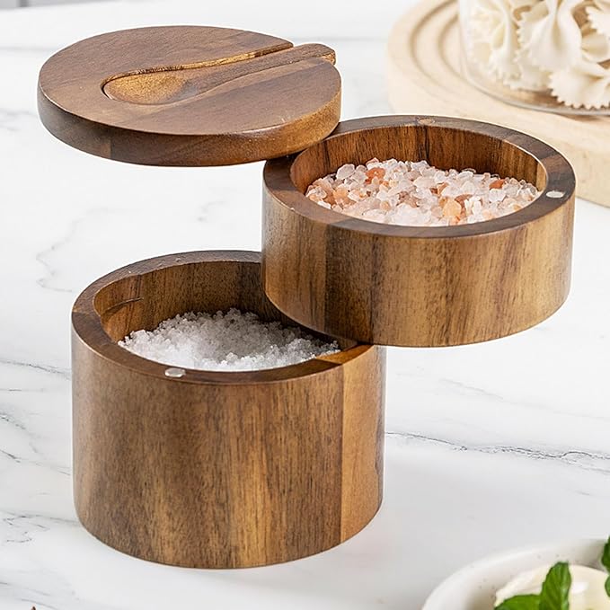 Salt Cellar with Lid | Pepper Container with Magnetic Swivel Lid,2-Layers Wooden Cellar Bowl with Spoon for Storage Pepper Coffee Sugar Pickling Kitchen Countertop Dining Table