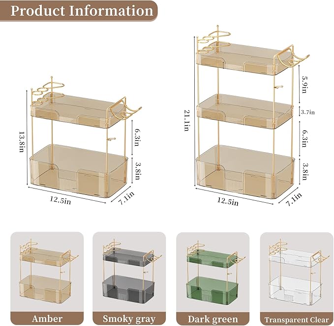 Akinbas 3 Tier Bathroom Organizer Countertop Makeup Perfume Tray Skincare Organizer Comes with Hair Dryer Rack and Toothbrush Holder for Bathroom Dresser Vanity (Gold)