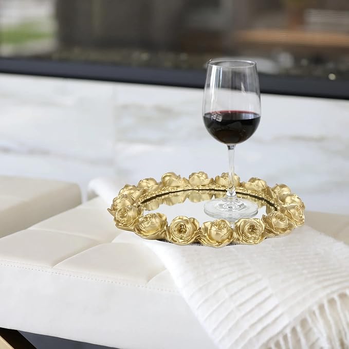 Vixdonos Decorative Round Mirror Tray Bathroom Vanity Tray with Gold Resin Rose for Perfume,Jewelry and Makeup