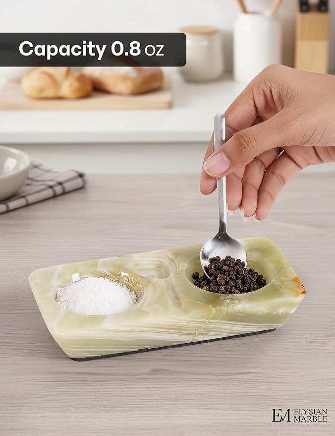 Marble Salt and Pepper Dish with Spoon, Handcrafted Double Spice Tray with 2 Compartments, Natural Stone Condiment Dish for Cooking Prep and Serving - Green Onyx