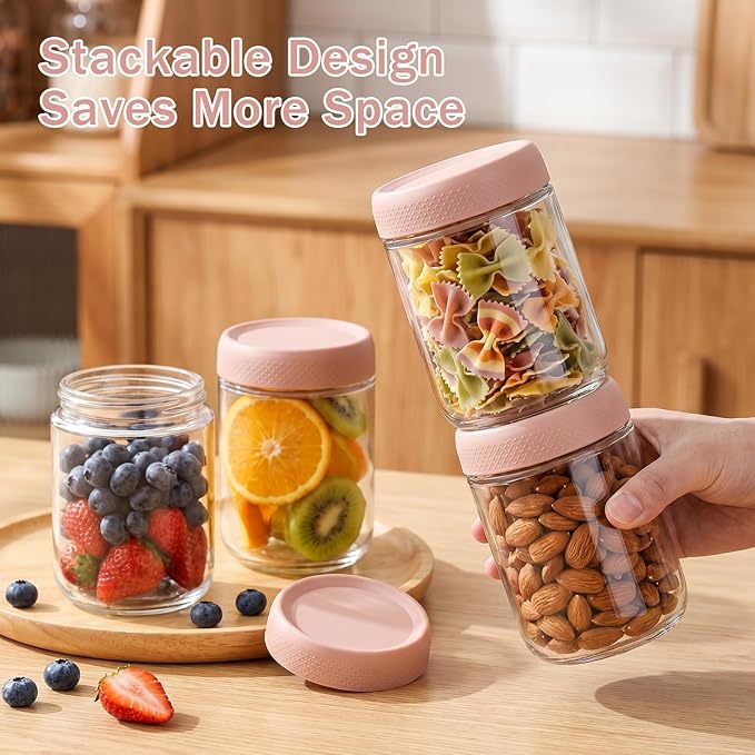 OcePor 6 Pack Overnight Oats Containers with Lids, 16 OZ Glass Mason Overnight Oats Jars, Large Capacity Airtight Jars for Milk, Cereal, Fruit(Pink)