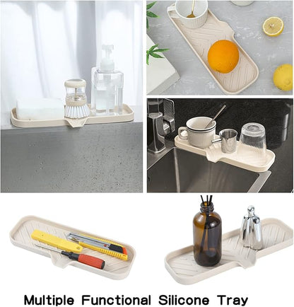 MicoYang Silicone Bathroom Soap Dishes with Drain Spout-Bathroom and Kitchen Sink Organizer,Sponge Holder,Dish Soap Tray,Perfect for Dispenser,Scrubber,Bottle,Cup on Sink or Counter-Tapioca 12"×4"
