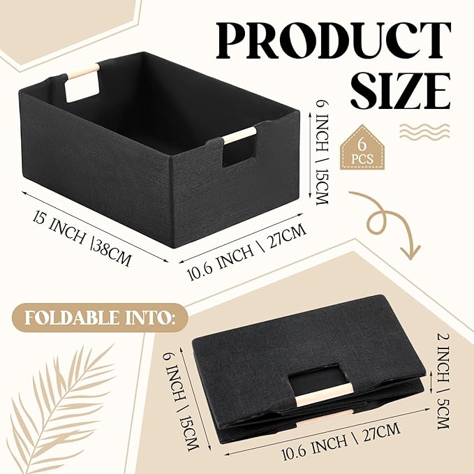 Cinnvoice Fabric Storage Bins for Closet Shelves, Rectangle Wardrobe Organizer with Handle, Collapsible Shelves Storage Basket for Sorting Clothes and Toy (6 Pack,Black,15 x 10.6 x 6 Inch)