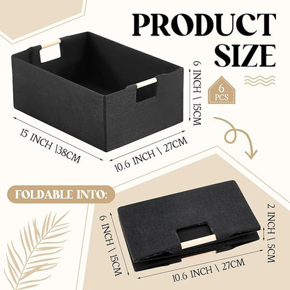 Cinnvoice Fabric Storage Bins for Closet Shelves, Rectangle Wardrobe Organizer with Handle, Collapsible Shelves Storage Basket for Sorting Clothes and Toy (6 Pack,Black,15 x 10.6 x 6 Inch)