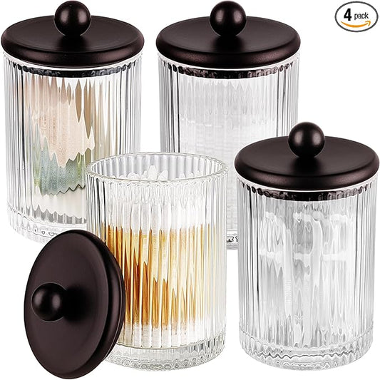 SheeChung 4-Pack Bronze Ribbed Glass Qtip Holder - Apothecary Jars Bathroom Organizer Set with Lids - Vanity Storage Canisters for Cotton Balls, Pads, Swabs, Floss Picks - Modern Farmhouse