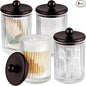 SheeChung 4-Pack Bronze Ribbed Glass Qtip Holder - Apothecary Jars Bathroom Organizer Set with Lids - Vanity Storage Canisters for Cotton Balls, Pads, Swabs, Floss Picks - Modern Farmhouse