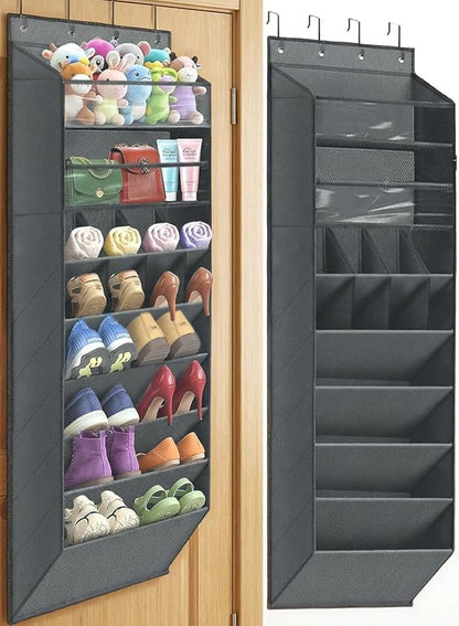 Over The Door Shoe Storage Organizer, 8 Tiers Hanging Shoe Rack Behind Door Shoe Holder with 6 Large Deep Pockets 8 Small Pockets, Narrow Shoe Rack for Closet Bedroom Bathroom Nursery RV Dorm, Grey