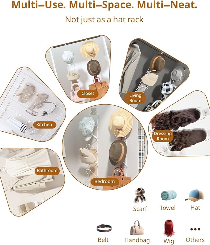 LINFIDITE 15 Pack Baseball Hat Rack Hanger Holder Organizer Multi Hook Wall Mounted Over Door Cap Display Storage Rack Cap Holder, Closet HangingStorage Rack w Hanging Hook White