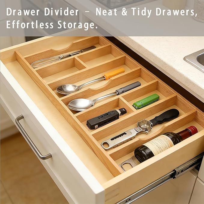 Silverware Drawer Organizer - Trim-to-Fit with Adjustable Dividers for Kitchen Utensil Storage, Beech Wood Frame with 11 Sizes (14.63" W x 22" D)
