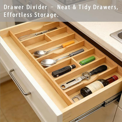 Silverware Drawer Organizer - Trim-to-Fit with Adjustable Dividers for Kitchen Utensil Storage, Beech Wood Frame with 11 Sizes (14.63" W x 22" D)