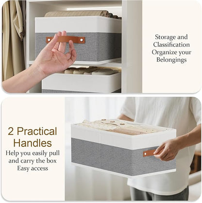 Storage Basket for Shelves, Closet Bin with Handles, 18.5×11×7.9inch Open Foldable Baskets, Fabric Containers Clothes Boxes for Organizing, White and Grey, 4-Pack