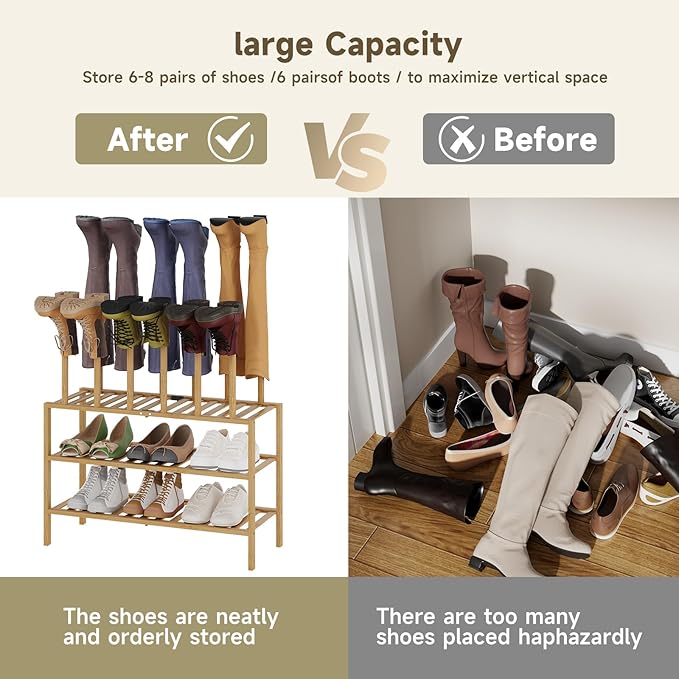 Boot Rack for Tall Boots Organizer,3-Tier Multiuse Shoe Rack and Boot Storage Rack,for Tall Boots,Sneakers,High-Heel (Natrual, 3-Tier)