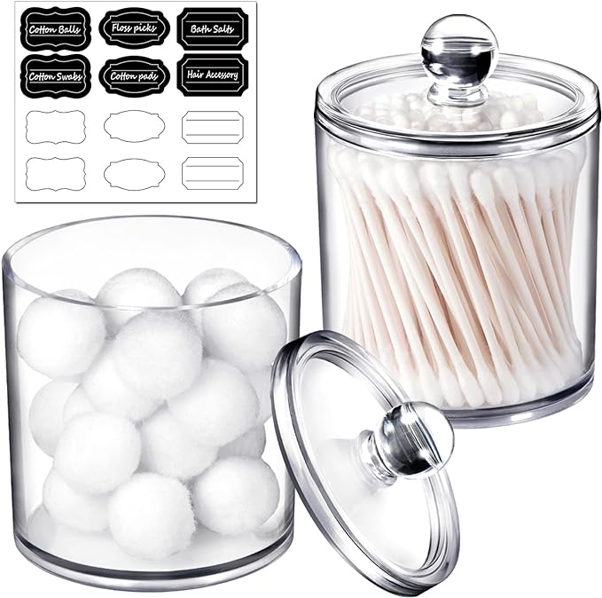 SheeChung Clear Acrylic Qtip Holder with Labels–Shatterproof Plastic Apothecary Jars for Bathroom Organization–Vanity Cotton Swab Holder Canisters for Cotton Balls, Pads, Floss Picks-Minimalist Decor