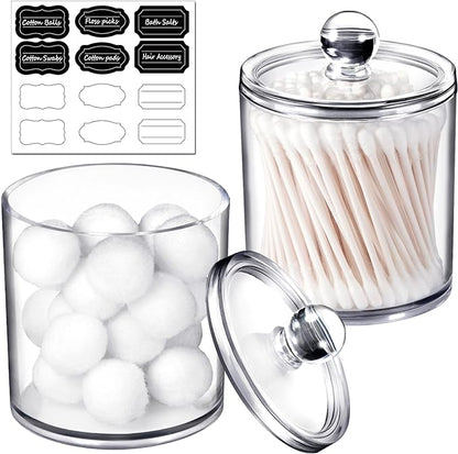 SheeChung Clear Acrylic Qtip Holder with Labels–Shatterproof Plastic Apothecary Jars for Bathroom Organization–Vanity Cotton Swab Holder Canisters for Cotton Balls, Pads, Floss Picks-Minimalist Decor