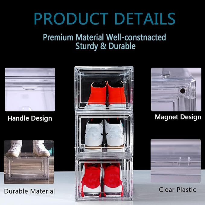 12 Pack Shoe Boxes, Clear Acrylic Plastic Shoe Boxes Stackable, Space-Saving Foldable Drop Front Shoe Storage Boxes Container for With Lids Fits Up to Size 15 (Transparency)