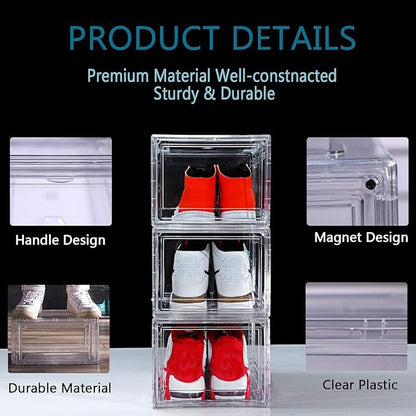 12 Pack Shoe Boxes, Clear Acrylic Plastic Shoe Boxes Stackable, Space-Saving Foldable Drop Front Shoe Storage Boxes Container for With Lids Fits Up to Size 15 (Transparency)