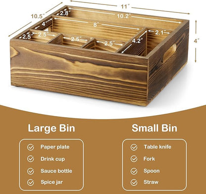 Wood Utensil Holder for Party, 6-Compartment Paper Plate Organizer with Handles, Wooden Silverware Caddy for Picnic, Camping, BBQ, Buffet, and Kitchen Countertop Organization, Brown